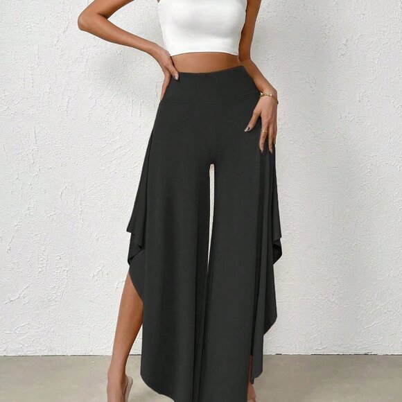 Black Preppy Womens High Waist Asymmetrical Hem Wide Leg Pants - Picture 5 of 5